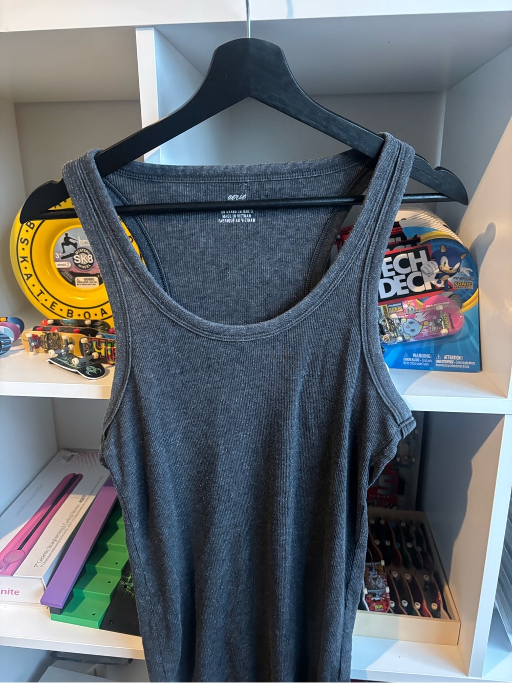 aerie Charcoal Ribbed Tank Top - Dark Gray Scoop Neck